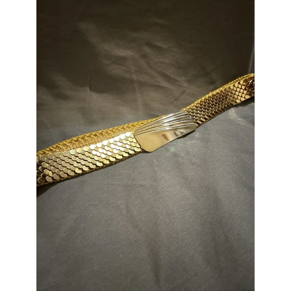 Vintage Brass Stretch Belt Golden Fin Shell Buckle Mermaid Scales 70s Retro